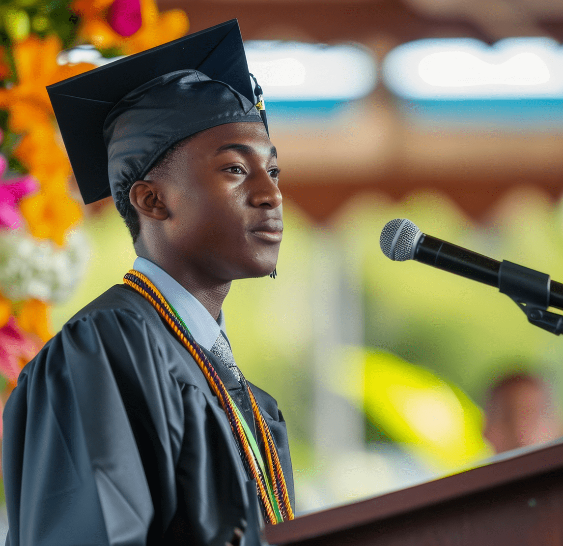 Male african graduate speaking commencement with trees bac 1