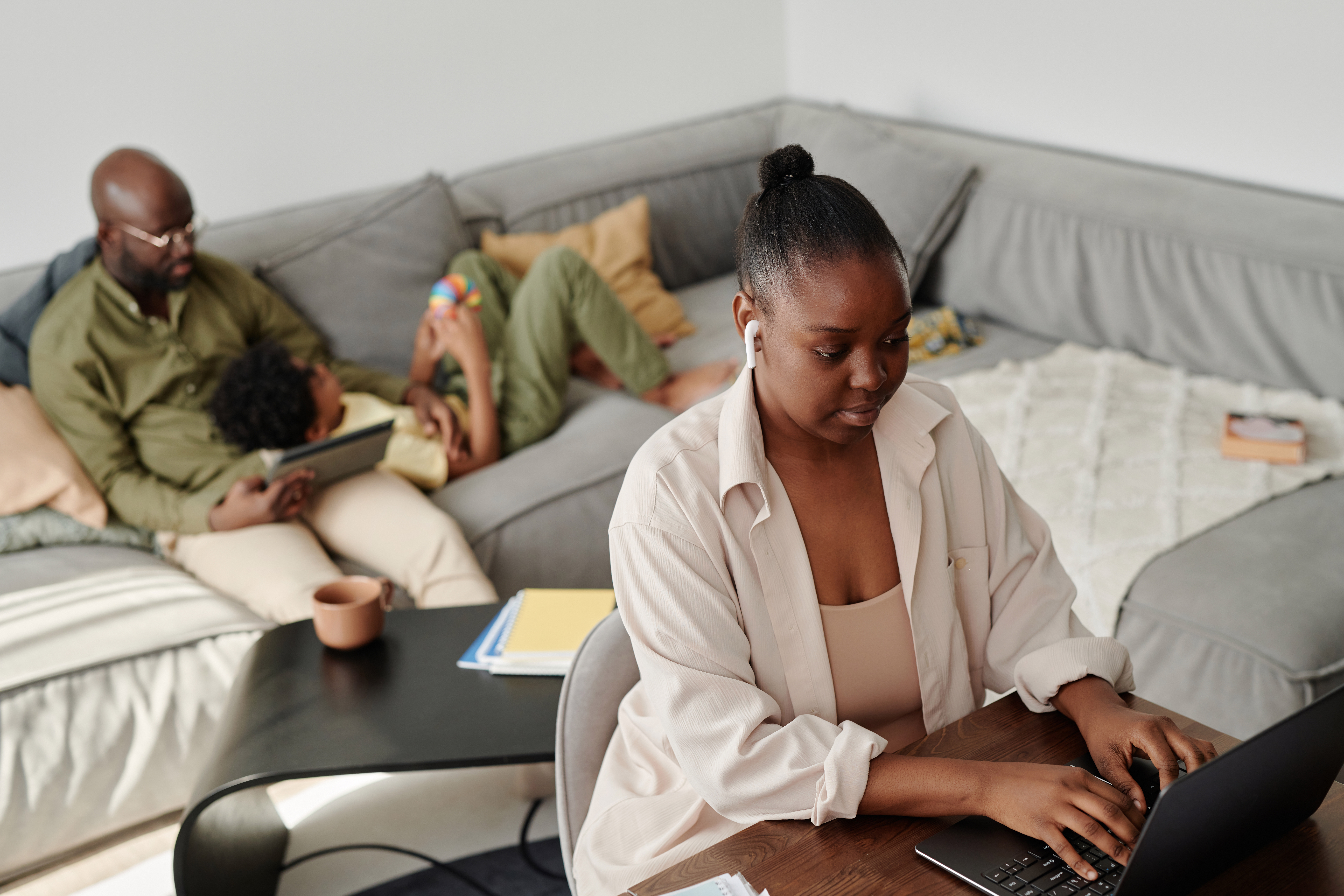 mom working online home