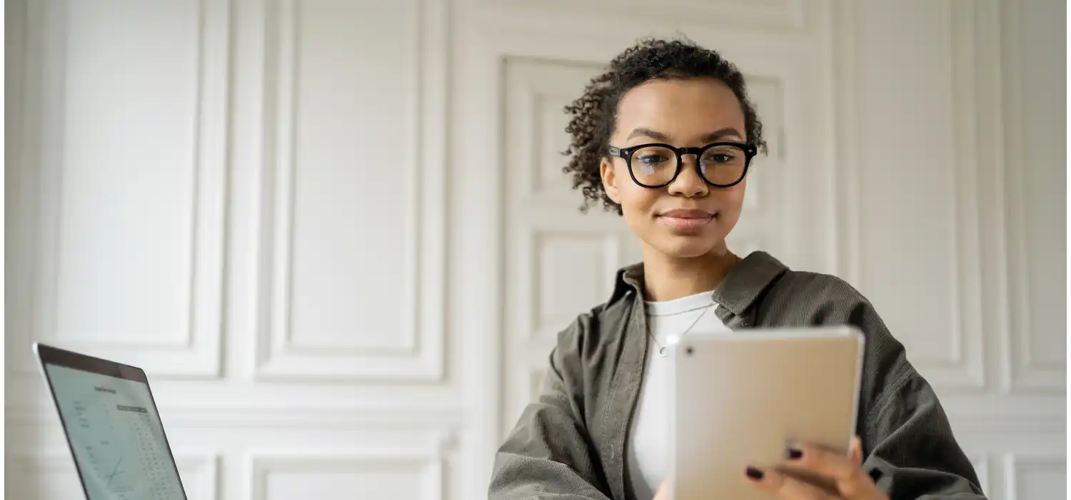 charming student video communication computer woman curly glasses online learning laptop office 1
