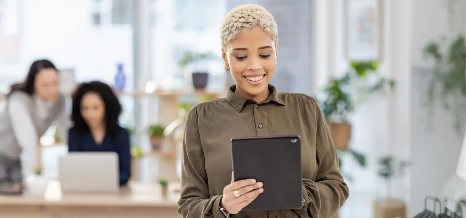 planning tablet black woman with online research business social media strategy startup company management happy manager worker person working digital technology office workflow 1