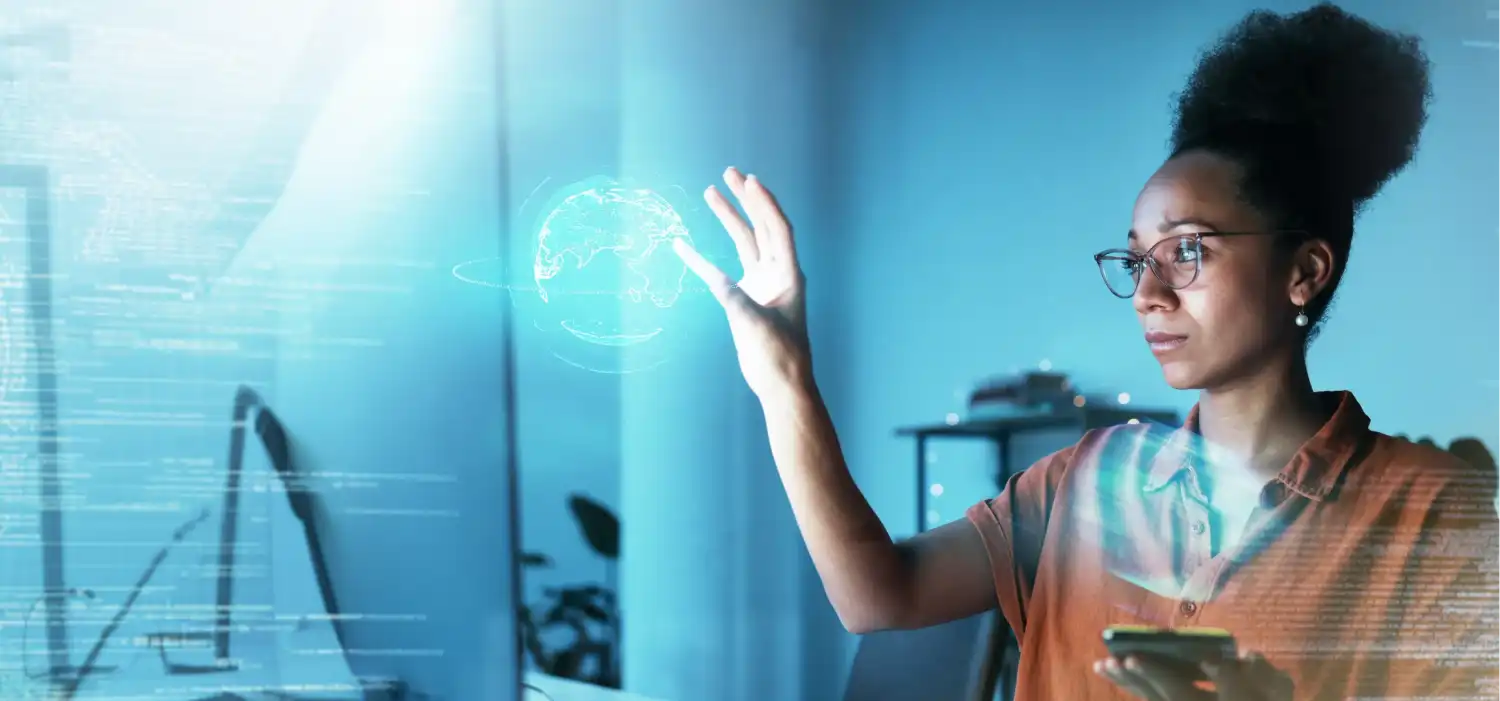 world hologram 3d web overlay business woman with phone office looking data fintech global futuristic information technology work trading worker with digital crypto ux 1s